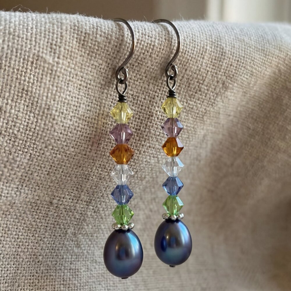 Swarovski Crystal & Blue Pearl 925 Sterling Drop Earrings - Picture 3 of 17